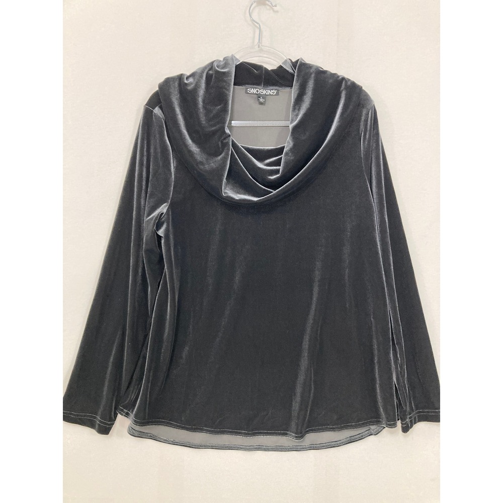 Snoskins‎ Cowl Neck Top Large Gray Velvet Long Sleeve Stretch Blouse Preppy